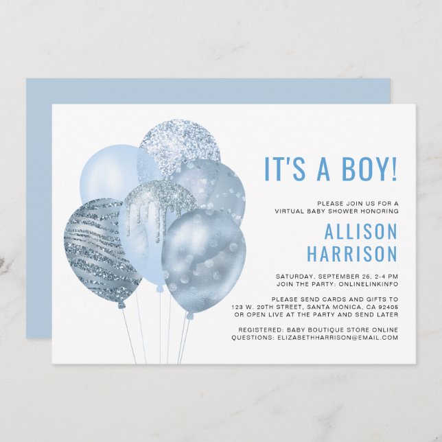 Virtual Baby Boy Shower Balloons Blue Glitter Invitation (Front/Back)