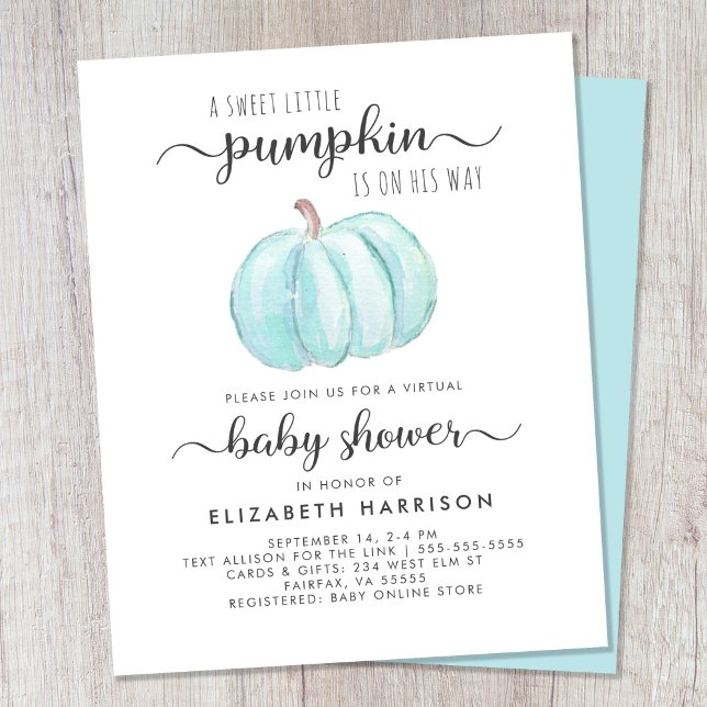 Virtual Baby Boy Shower Blue Pumpkin Invitation (Celebrate the upcoming arrival of your autumn baby boy with a pumpkin-themed virtual baby shower)