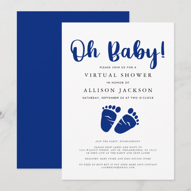 Virtual Baby Boy Shower Navy Blue Feet Invitation (Front/Back)
