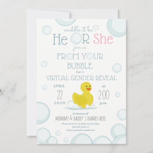 Virtual Baby Gender Reveal Duck Waddle It Be Invitation (Front)