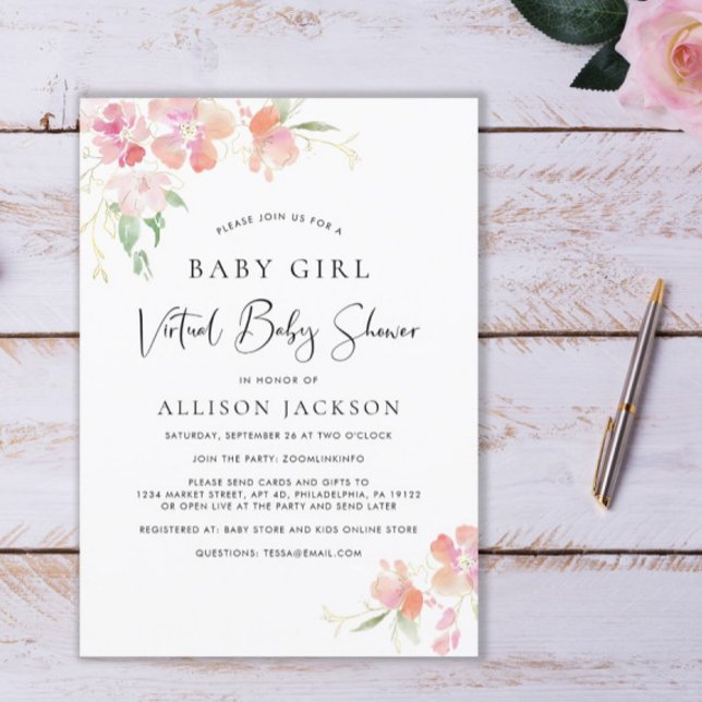 Virtual Baby Girl Shower | Pink Coral Gold Floral Invitation (Creator Uploaded)