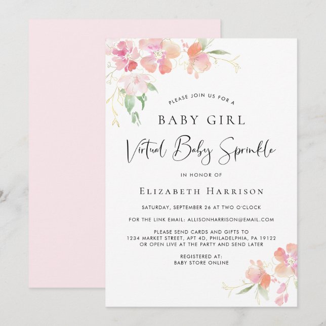 Virtual Baby Girl Sprinkle Pink Floral Watercolor Invitation (Front/Back)
