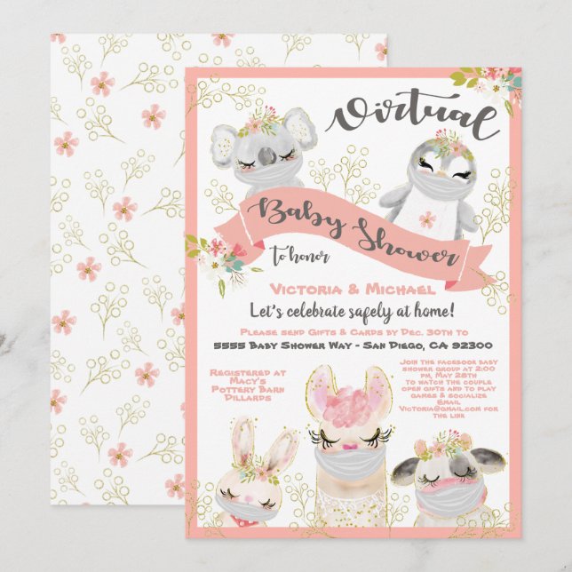Virtual Baby Shower Animals with Masks Invitation (Front/Back)