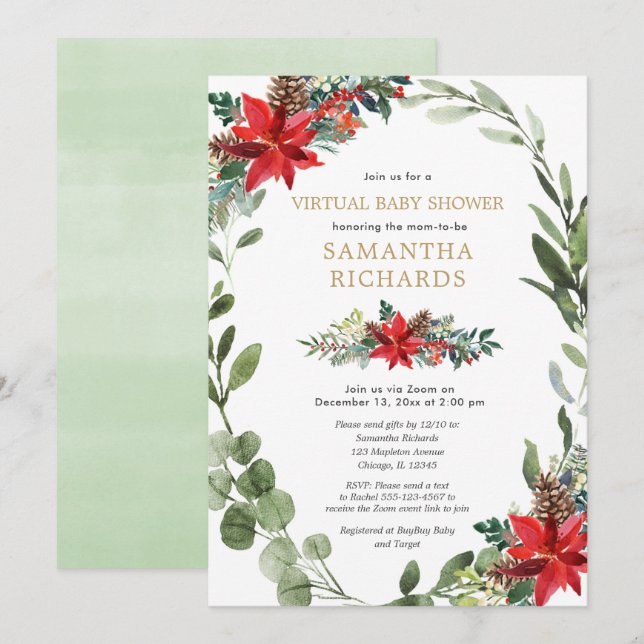 Virtual baby shower Christmas red greenery wreath Invitation (Front/Back)