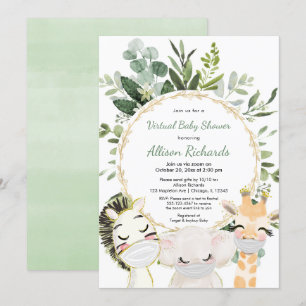 Virtual baby shower cute animals greenery gold invitation