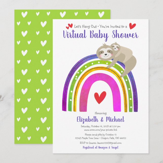 Virtual Baby Shower Cute Sloth Boho Rainbow Modern Invitation (Front/Back)