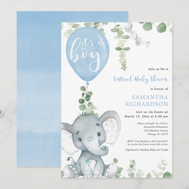 Virtual baby shower elephant blue balloons boy invitation (Front/Back)