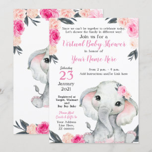 Virtual Baby Shower Elephant Pink Roses Girl Card