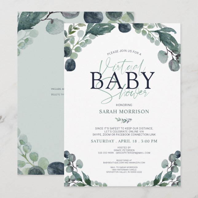 Virtual Baby Shower Eucalyptus Sage Blue Invitation (Front/Back)