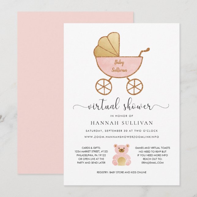 Virtual Baby Shower Girl Retro Carriage Pink Gold Invitation (Front/Back)