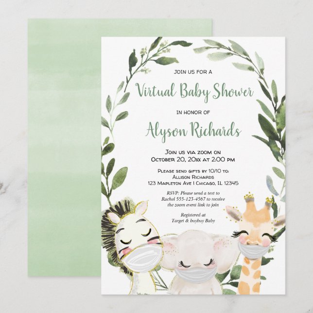Virtual baby shower greenery animals with masks invitation (Front/Back)