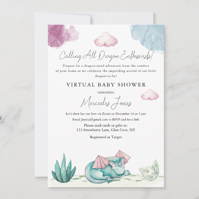 Virtual Baby Shower Hatching Dragon Pastel Colours Invitation (Front)