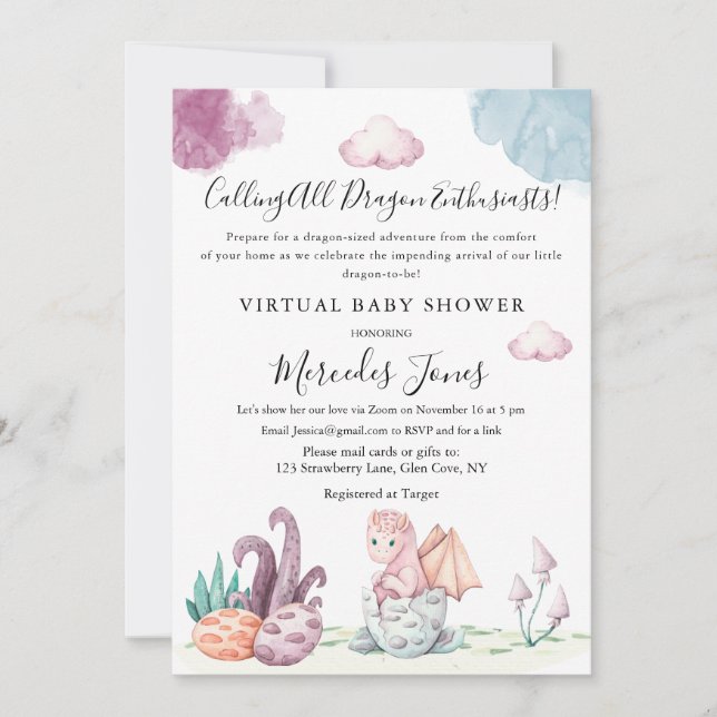 Virtual Baby Shower Hatching Dragon Pastel Colours Invitation (Front)