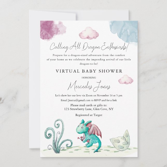 Virtual Baby Shower Hatching Dragon Pastel Colours Invitation (Front)