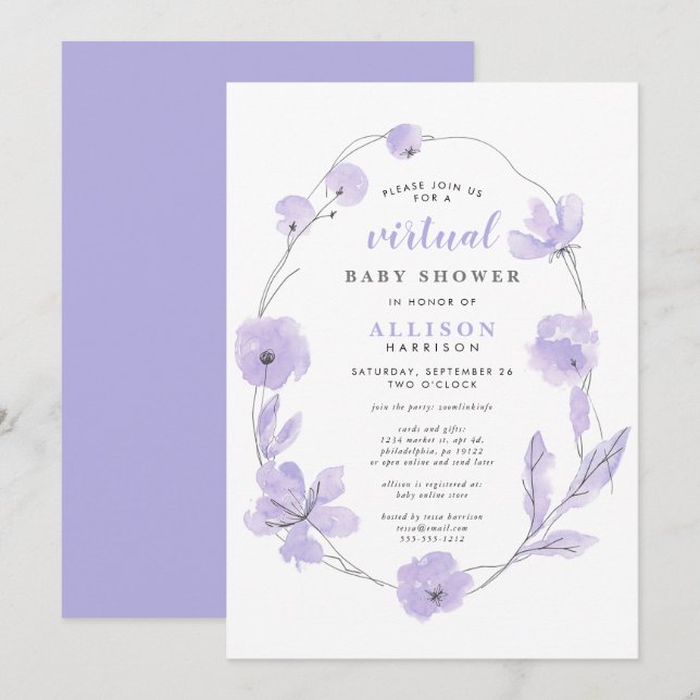 Virtual Baby Shower | Lavender Floral Watercolor Invitation (Front/Back)
