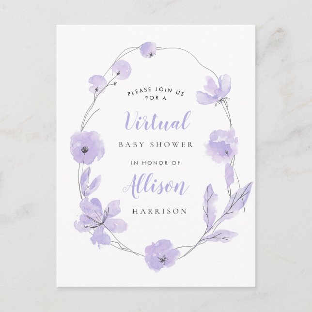 Virtual Baby Shower Lavender Floral Watercolor Invitation Postcard (Front)