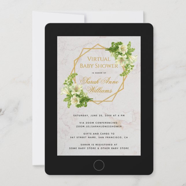 Virtual Baby Shower Lilies Tablet Floral Geometric Invitation (Front)