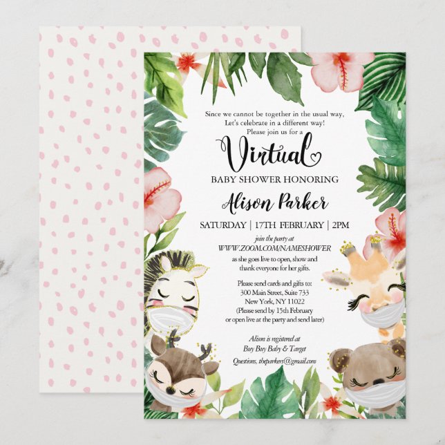 Virtual Baby Shower | Masked Jungle Safari Friends Invitation (Front/Back)
