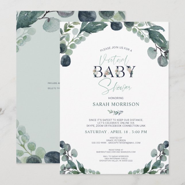 Virtual Baby Shower Navy Blue Sage Greenery Invitation (Front/Back)