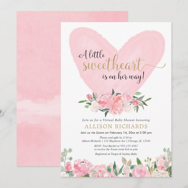 Virtual Baby Shower pink gold Valentines Day girl Invitation (Front/Back)