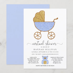Virtual Baby Shower Retro Carriage Glitter Blue Invitation