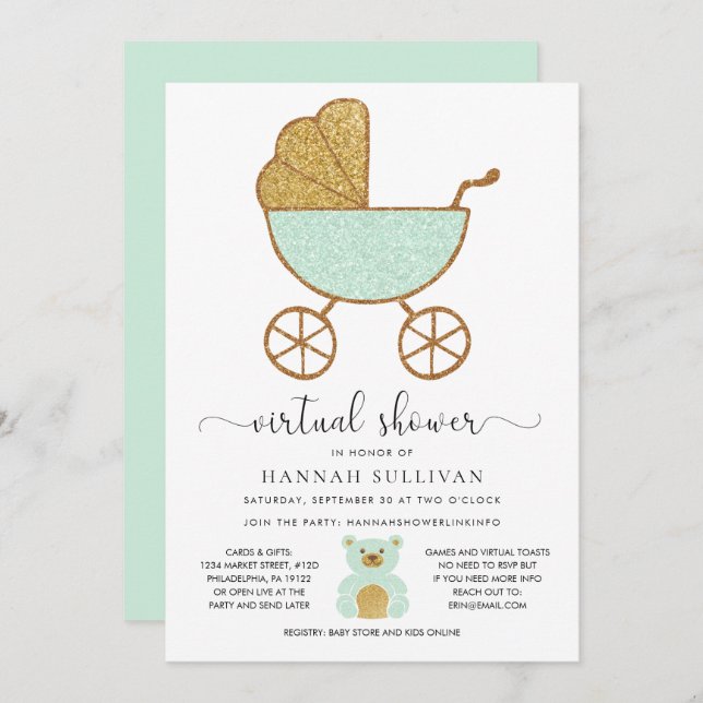 Virtual Baby Shower Retro Carriage Glitter Mint Invitation (Front/Back)