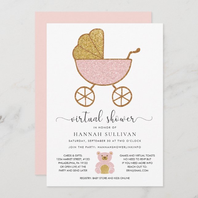 Virtual Baby Shower Retro Carriage Glitter Pink Invitation (Front/Back)