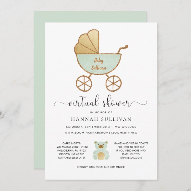Virtual Baby Shower | Retro Carriage Green Gold Invitation (Front/Back)
