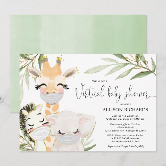 Virtual Baby Shower safari animals gender neutral Invitation (Front/Back)