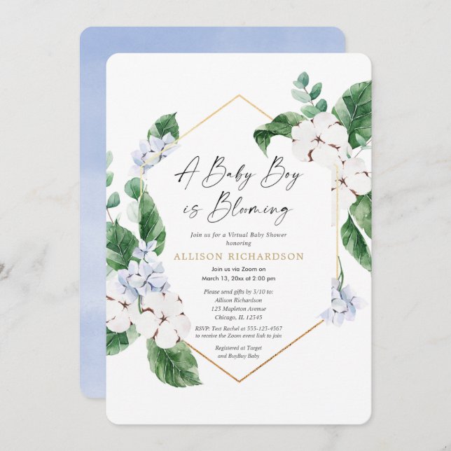 Virtual baby shower spring blue floral gold boy invitation (Front/Back)