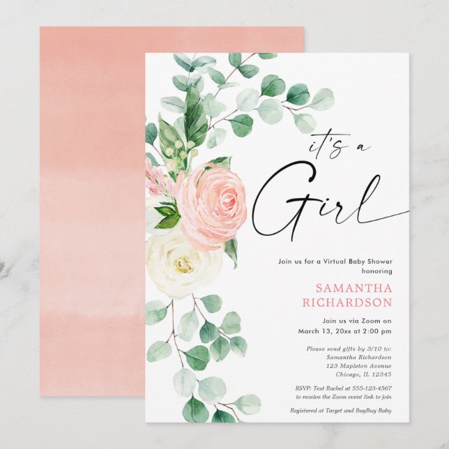 Virtual baby shower spring floral pink greenery invitation (Front/Back)