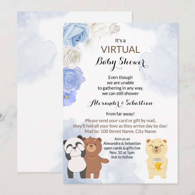 Virtual Baby Shower Teddy Bears Invitation (Front/Back)