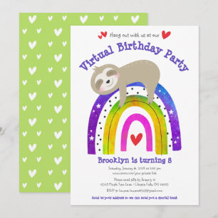 Virtual Birthday Cute Sloth Boho Rainbow Modern Invitation