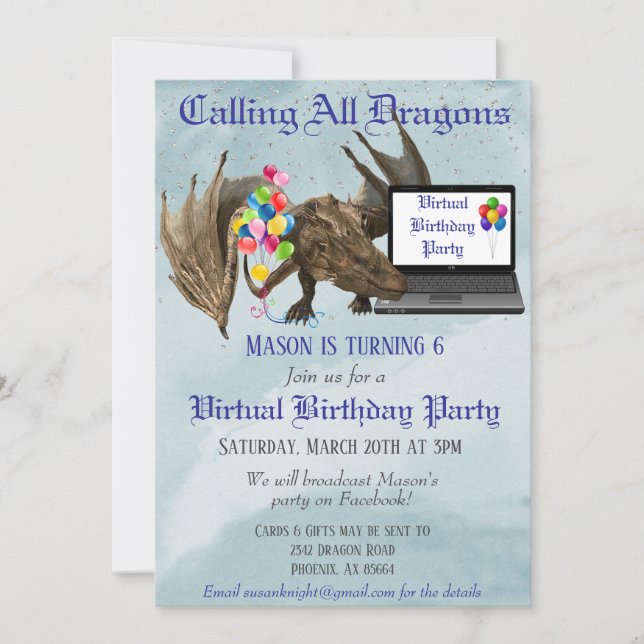 Virtual Birthday Party Dragon Wyvern Invitation (Front)