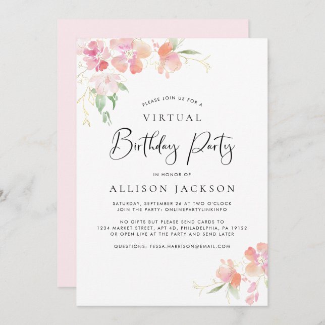 Virtual Birthday Party Modern Pink Gold Floral Invitation (Front/Back)