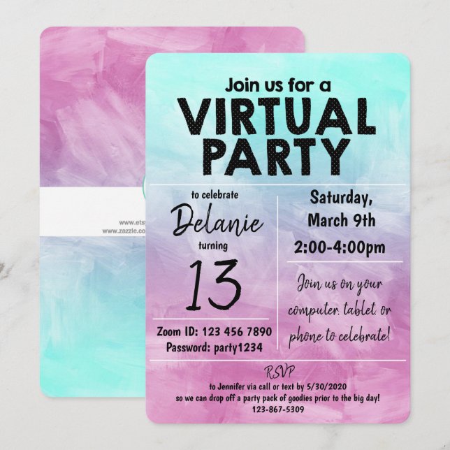 Virtual Birthday Party Watercolor Design Invitation (Front/Back)
