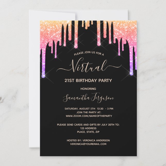 Virtual birthday rainbow glitter black rose gold invitation (Front)