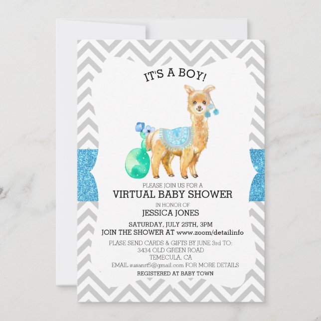 Virtual Blue Llama Chevron Glitter Baby Shower Invitation (Front)