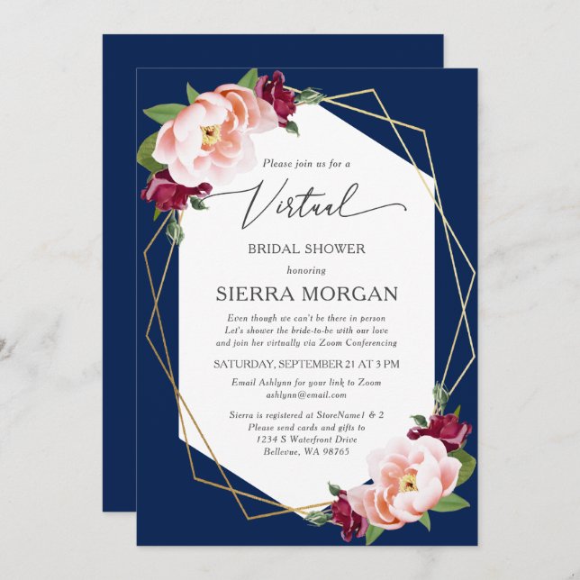 Virtual Blush Burgundy Gold Navy Bridal Shower Invitation (Front/Back)