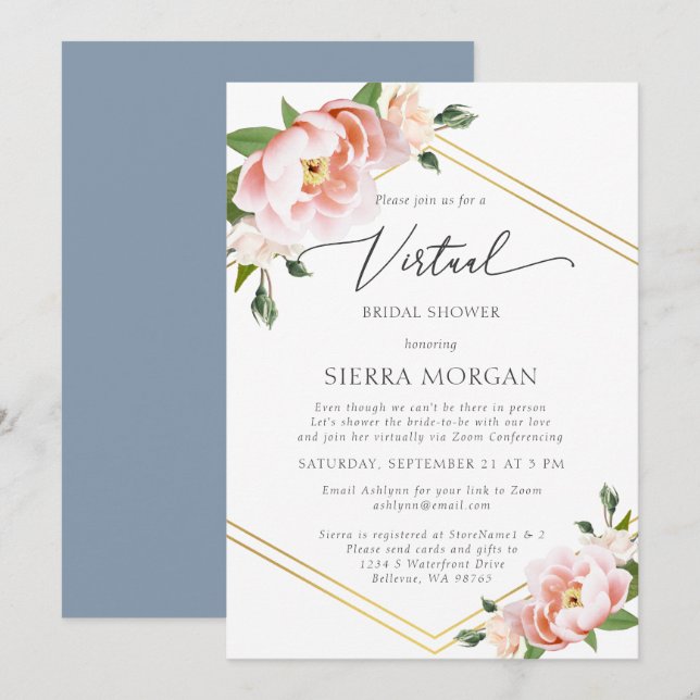 Virtual Blush Floral Gold Dusty Blue Bridal Shower Invitation (Front/Back)