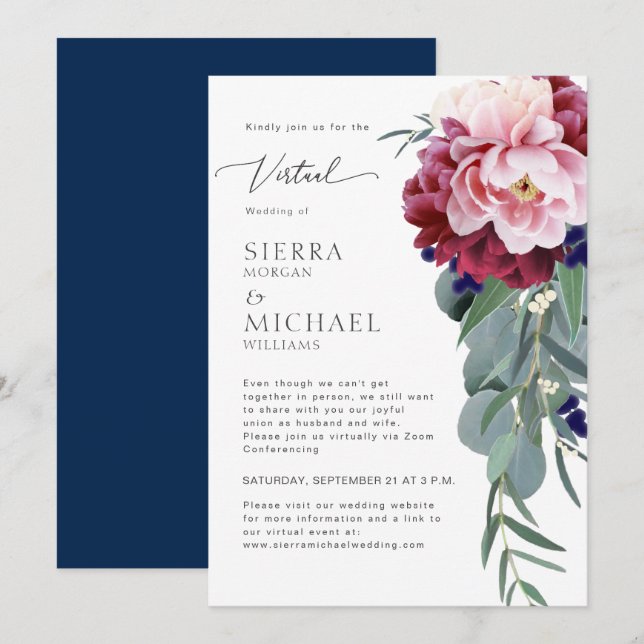 Virtual Blush Pink Burgundy Navy Blue Wedding Invitation (Front/Back)