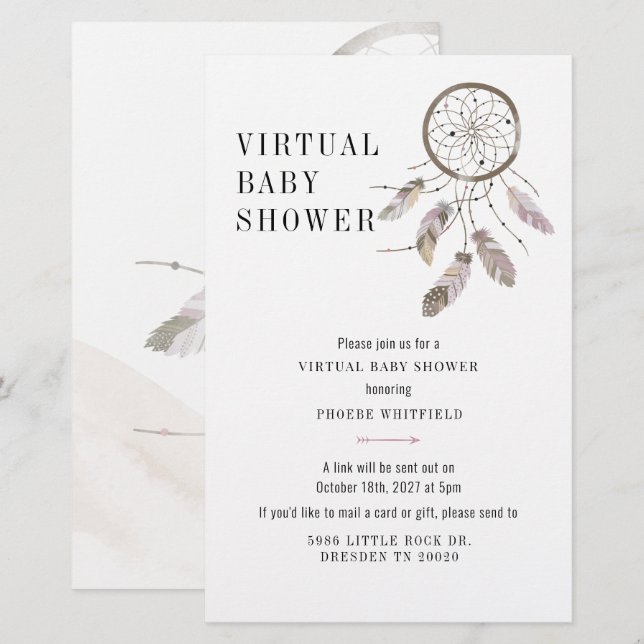 Virtual Boho Dream Catcher Baby Shower Invitation Stationery (Front/Back)