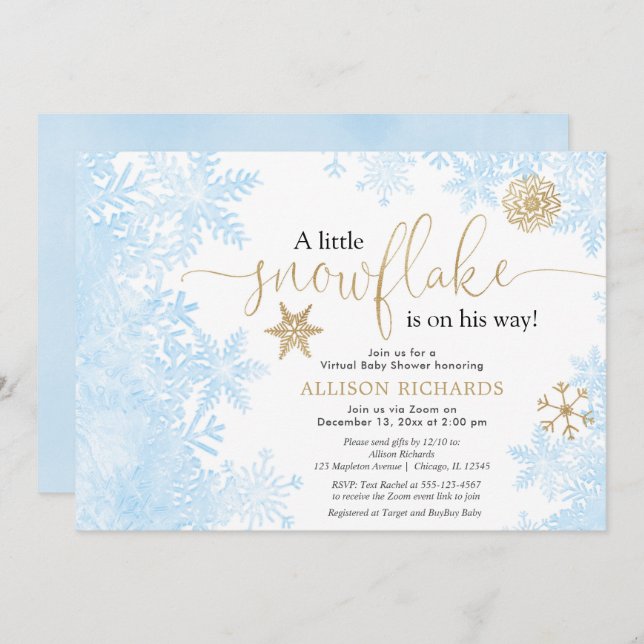 Virtual boy baby shower blue gold little snowflake invitation (Front/Back)
