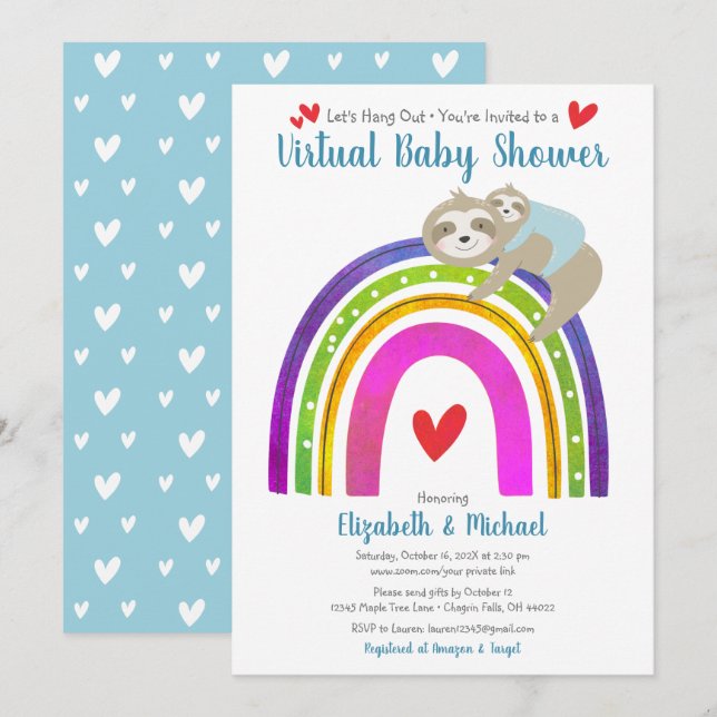 Virtual Boy Baby Shower Cute Sloths & Boho Rainbow Invitation (Front/Back)