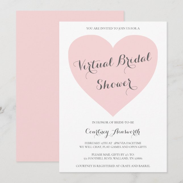 Virtual Bridal Shower Cute Pastel Pink Heart Invitation (Front/Back)