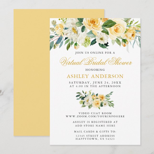 Virtual Bridal Shower Watercolor Yellow Floral Invitation (Front/Back)