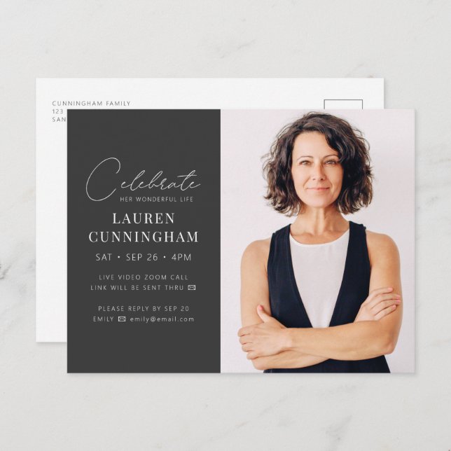 Virtual Celebrate Her Life Modern Simple Photo Invitation Postcard (Front/Back)