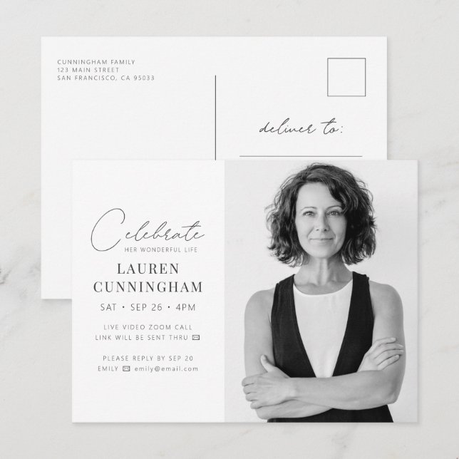 Virtual Celebrate Her Life Modern Simple Photo Invitation Postcard (Front/Back)