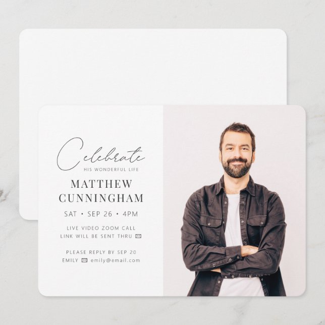 Virtual Celebrate His Life Modern Simple Photo Invitation (Front/Back)