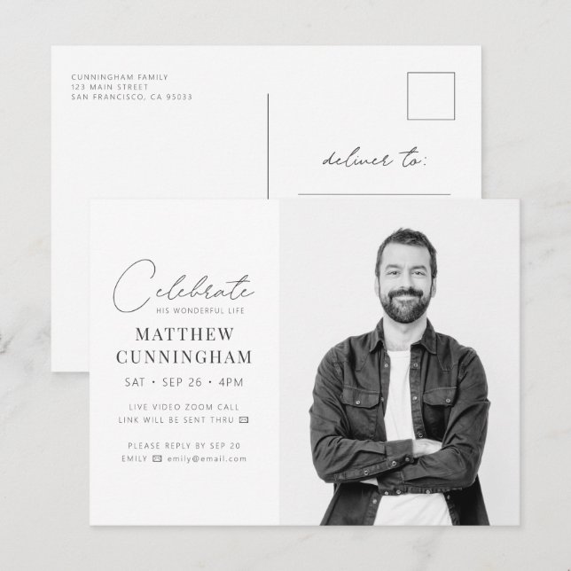 Virtual Celebrate His Life Modern Simple Photo Invitation Postcard (Front/Back)